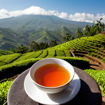 A vibrant, steaming cup of Rwandan black tea, exuding subtle citrus and floral notes, set against a soft-focus background of lush, sun-drenched terraced tea plantations on Rwanda's volcanic "thousand hills." Emphasize bright colors and a warm, inviting atmosphere, capturing the tea's unique flavor profile.