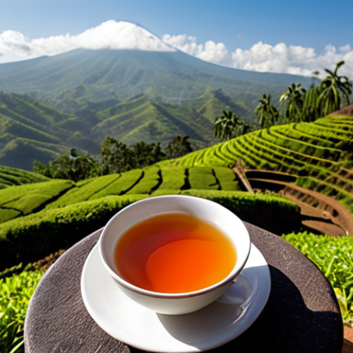 Home 13 A vibrant, steaming cup of Rwandan black tea, exuding subtle citrus and floral notes, set against a soft-focus background of lush, sun-drenched terraced tea plantations on Rwanda's volcanic "thousand hills." Emphasize bright colors and a warm, inviting atmosphere, capturing the tea's unique flavor profile.