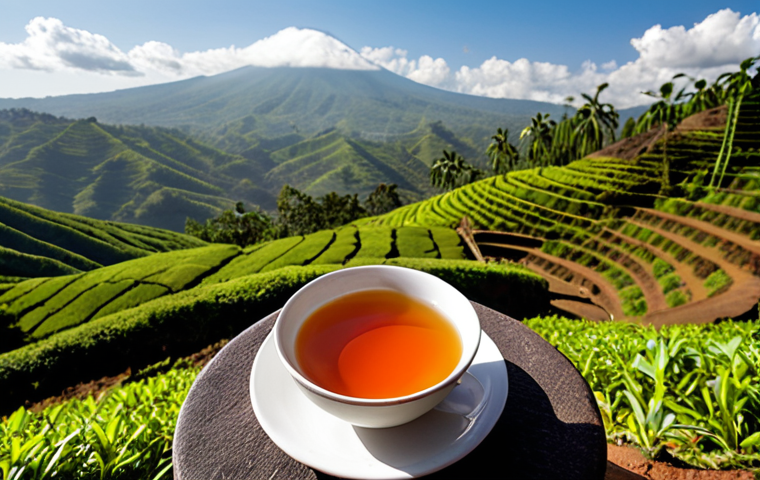 A vibrant, steaming cup of Rwandan black tea, exuding subtle citrus and floral notes, set against a soft-focus background of lush, sun-drenched terraced tea plantations on Rwanda's volcanic "thousand hills." Emphasize bright colors and a warm, inviting atmosphere, capturing the tea's unique flavor profile.