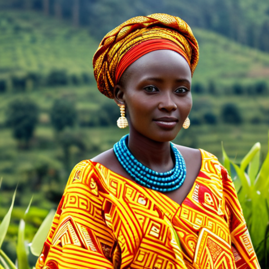A dignified Rwandan woman in a stunning, vibrant Umushanana, the traditional draped attire, standing gracefully outdoors in a lush, traditional Rwandan setting. Her modest clothing is intricately patterned, reflecting cultural heritage. The scene captures the essence of a serene moment during a wedding celebration. The subject maintains perfect anatomy, correct proportions, and a natural pose, with well-formed hands and proper finger count. High-quality professional photography, detailed, bright lighting, safe for work, appropriate content, fully clothed, family-friendly.