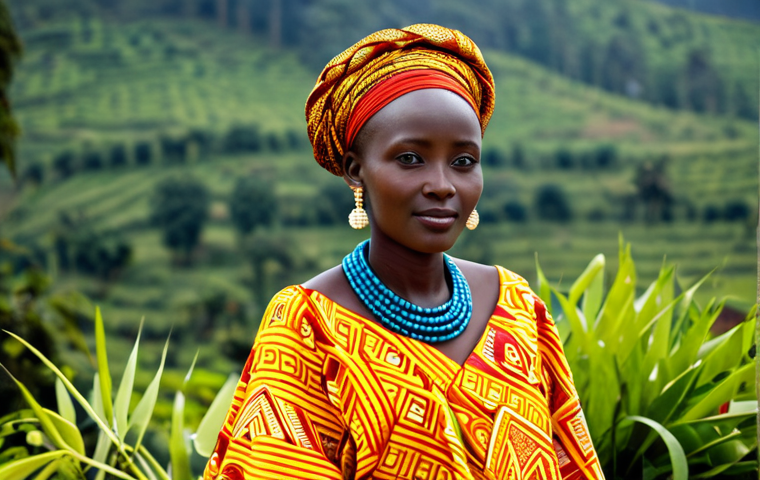A dignified Rwandan woman in a stunning, vibrant Umushanana, the traditional draped attire, standing gracefully outdoors in a lush, traditional Rwandan setting. Her modest clothing is intricately patterned, reflecting cultural heritage. The scene captures the essence of a serene moment during a wedding celebration. The subject maintains perfect anatomy, correct proportions, and a natural pose, with well-formed hands and proper finger count. High-quality professional photography, detailed, bright lighting, safe for work, appropriate content, fully clothed, family-friendly.