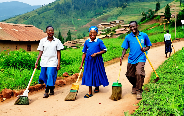 A diverse group of Rwandan community members, including adults and children, fully clothed in modest, appropriate attire, actively participating in an 'Umuganda' community clean-up project. They are working together with smiles, sweeping a village path, with traditional buildings and green hills in the background. The scene emphasizes unity, collaboration, and a vibrant community spirit under a clear, bright sky. safe for work, appropriate content, fully clothed, family-friendly, perfect anatomy, correct proportions, natural pose, well-formed hands, proper finger count, natural body proportions, professional photography, high quality.