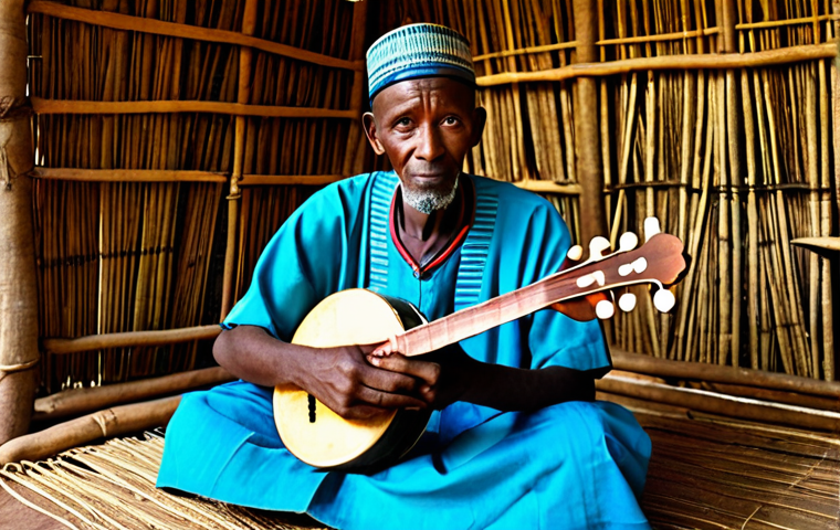 An elderly Rwandan male musician, with a wise and contemplative expression, dressed in modest, traditional Rwandan clothing, appropriate attire. He is sitting gracefully on a woven mat inside a traditional Rwandan hut, with soft, natural light filtering in, highlighting intricate details of the hut's interior. In the background, glimpses of lush green Rwandan hills can be seen through an opening. He is gently holding and playing an Inanga (Rwandan stringed instrument), his hands well-formed and showcasing proper finger count on the instrument. The image should evoke a sense of deep cultural heritage, peace, and storytelling. Professional photography, high detail, warm lighting, safe for work, appropriate content, fully clothed, family-friendly, perfect anatomy, correct proportions, natural pose, natural body proportions.