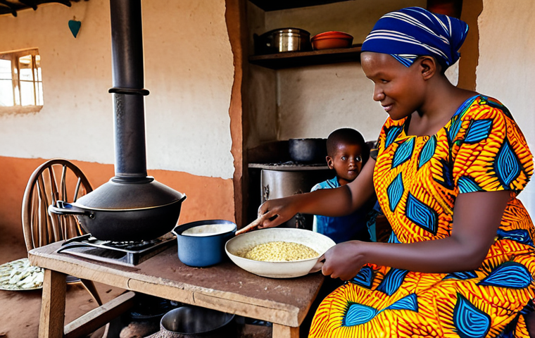 Rwandan Home Cooking Scene**

"A warm and inviting scene in a traditional Rwandan home kitchen, featuring a grandmother preparing a meal with fresh ingredients. She is fully clothed in modest, colorful African fabrics. The kitchen has a mud stove and simple cooking utensils. Pots simmer on the stove. Children are nearby, observing and helping. Focus on the love and connection conveyed through food. safe for work, appropriate content, fully clothed, family-friendly, professional photography, perfect anatomy, natural proportions, well-formed hands, proper finger count."

**