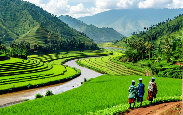 Nyabarongo River Agriculture**

"A wide shot of the Nyabarongo River winding through lush green farmland in Rwanda. Farmers, fully clothed in appropriate attire, are tending to rice paddies. In the background, rolling hills are visible under a bright, clear sky. Perfect anatomy, natural proportions, well-formed hands. Safe for work, appropriate content, fully clothed, professional photography, high quality."

**