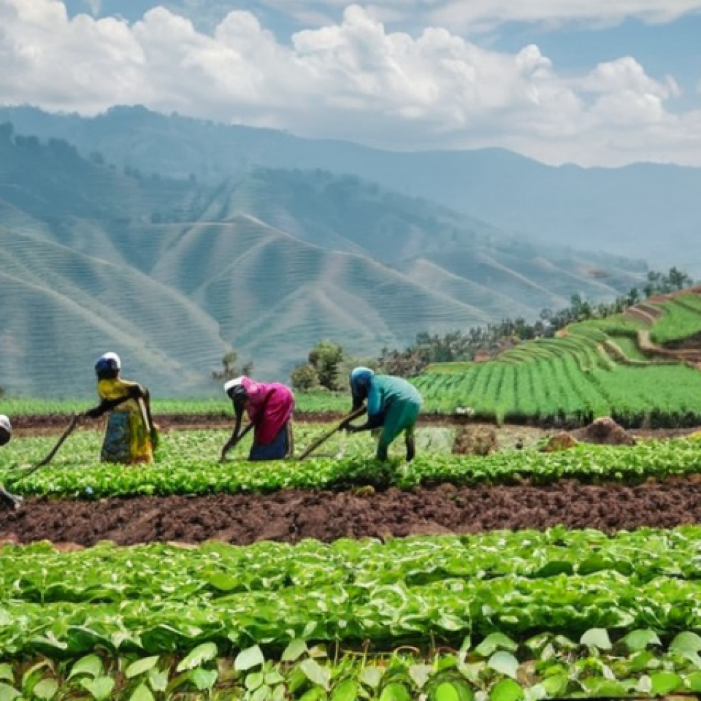 르완다의 주요 농업 산업 - **Prompt:** A group of strong and resilient Rwandan women farmers, of various ages, working together...