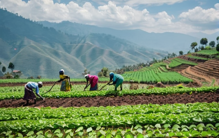 르완다의 주요 농업 산업 - **Prompt:** A group of strong and resilient Rwandan women farmers, of various ages, working together...