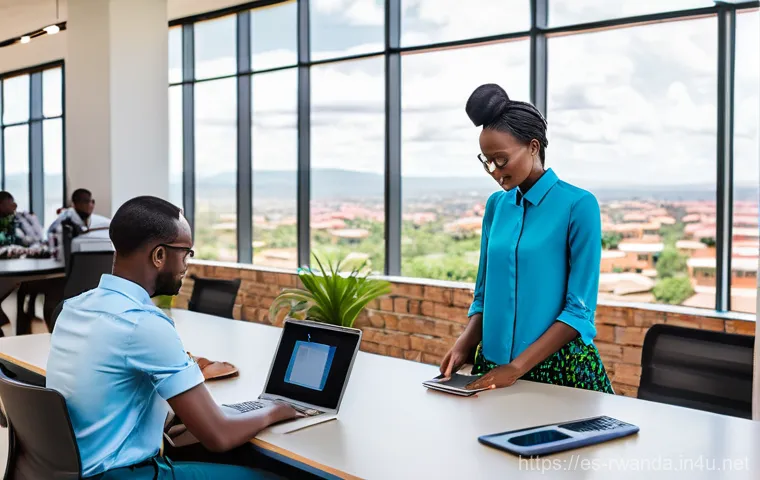 르완다의 주요 경제 지표 - **Kigali Tech Hub Collaboration:**
    A vibrant and modern image depicting a bustling co-working sp...