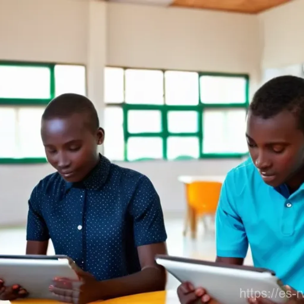르완다의 공공 서비스 - **Digital Transformation at a Community Hub:**
    "A bright, bustling scene inside a modern Rwandan...