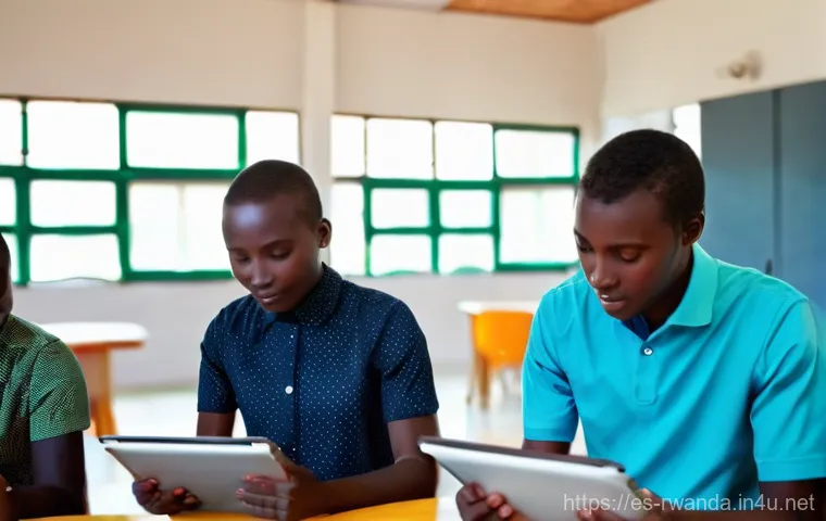 르완다의 공공 서비스 - **Digital Transformation at a Community Hub:**
    "A bright, bustling scene inside a modern Rwandan...