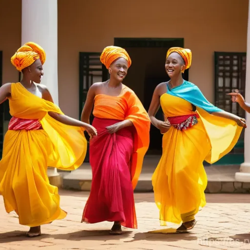 르완다 전통 직물 공방 - A group of elegant Rwandan women, respectfully dressed in vibrant, flowing mushananas, are gracefull...