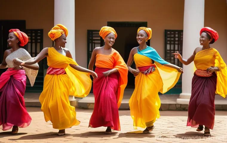 르완다 전통 직물 공방 - A group of elegant Rwandan women, respectfully dressed in vibrant, flowing mushananas, are gracefull...