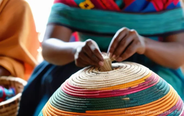 르완다 전통 직물 공방 - A group of elegant Rwandan women, respectfully dressed in vibrant, flowing mushananas, are gracefull...