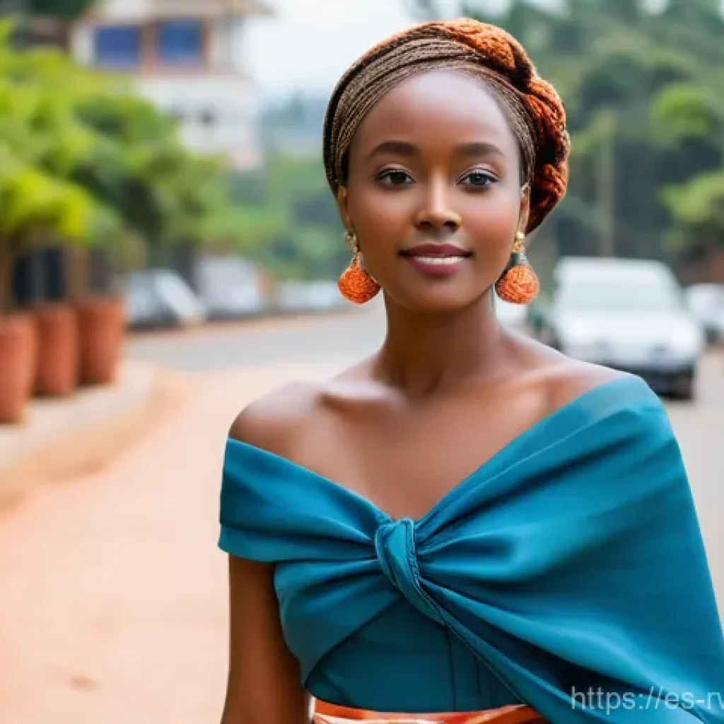 르완다의 주요 민속 의상 제작자 - **Prompt:** A Rwandan woman, mid-twenties, confidently walking down a contemporary, well-lit street ...