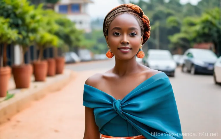 르완다의 주요 민속 의상 제작자 - **Prompt:** A Rwandan woman, mid-twenties, confidently walking down a contemporary, well-lit street ...