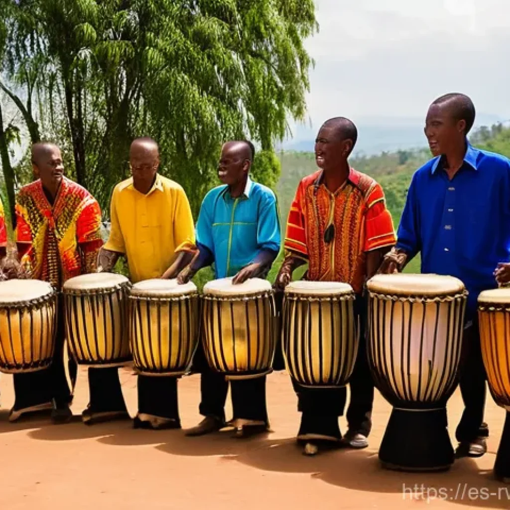 르완다의 전통 음악 공연 - **Rwandan Ingoma Drummers in Celebration**
    "A group of Rwandan male drummers, dressed in vibrant...