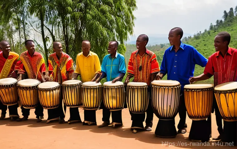 르완다의 전통 음악 공연 - **Rwandan Ingoma Drummers in Celebration**
    "A group of Rwandan male drummers, dressed in vibrant...