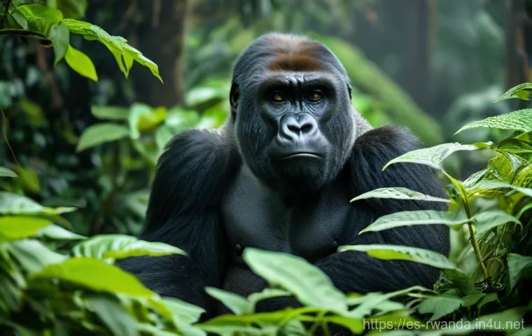 르완다의 주요 야생 동물 - **Prompt:** A powerful silverback mountain gorilla sitting majestically amidst dense, misty green fo...