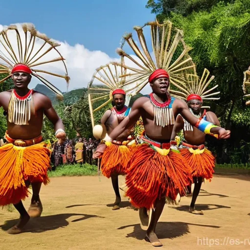 르완다의 전통 문화 체험 - **Vibrant Intore Dance Performance:** A dynamic and energetic scene showcasing a group of Rwandan In...