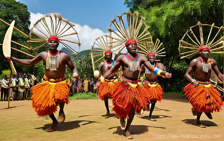 르완다의 전통 문화 체험 - **Vibrant Intore Dance Performance:** A dynamic and energetic scene showcasing a group of Rwandan In...