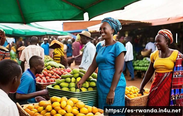 르완다의 주요 관광지 지도 - **Prompt 1: Vibrant Kigali Market Scene**
A bustling and colorful outdoor market in Kigali, Rwan...