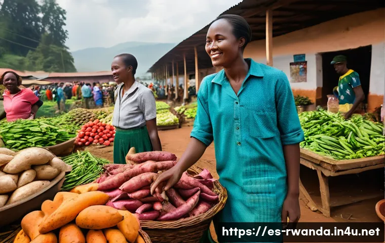 르완다 전통 요리 - **Prompt:** A vibrant, sun-drenched scene at an open-air Rwandan market. The foreground is filled wi...