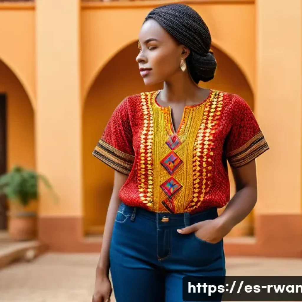 르완다 전통 직물로 만든 의류 브랜드 - A stylish young woman wearing a modern blouse made from traditional Rwandan textiles featuring vibra...