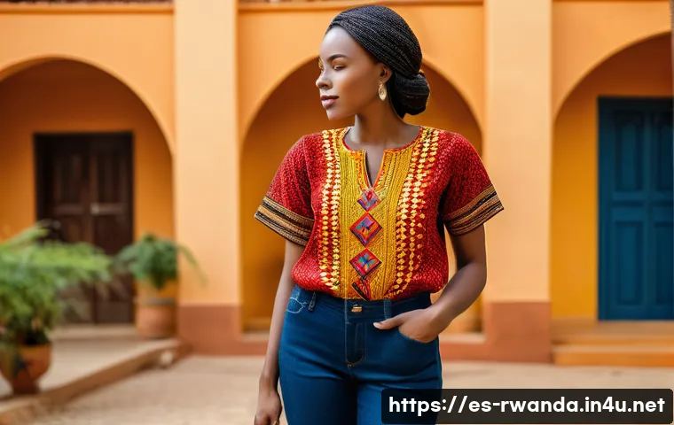 르완다 전통 직물로 만든 의류 브랜드 - A stylish young woman wearing a modern blouse made from traditional Rwandan textiles featuring vibra...