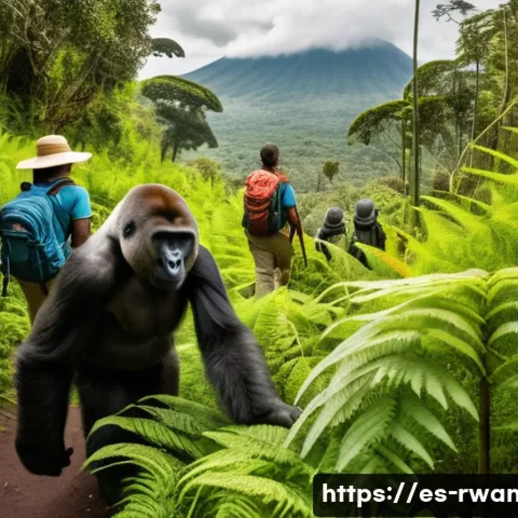 르완다에서의 로컬 투어 - A vibrant scene of a local Rwandan guide leading a small group of tourists through the lush, green t...