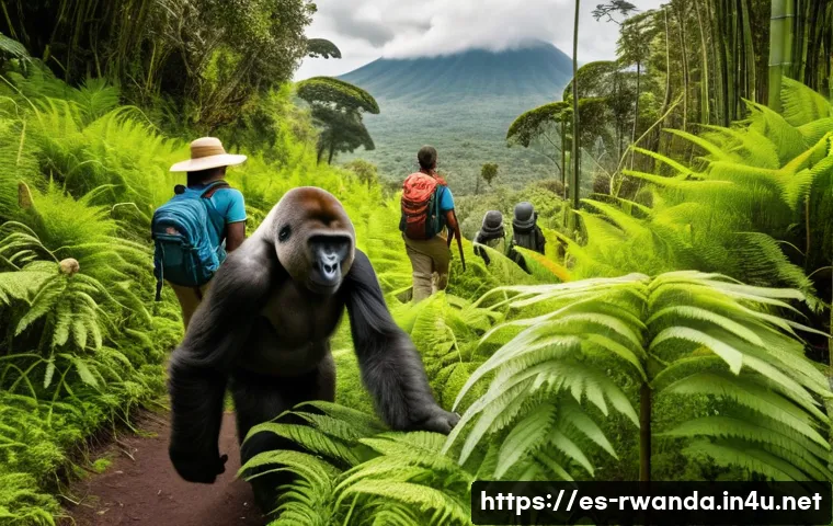 르완다에서의 로컬 투어 - A vibrant scene of a local Rwandan guide leading a small group of tourists through the lush, green t...