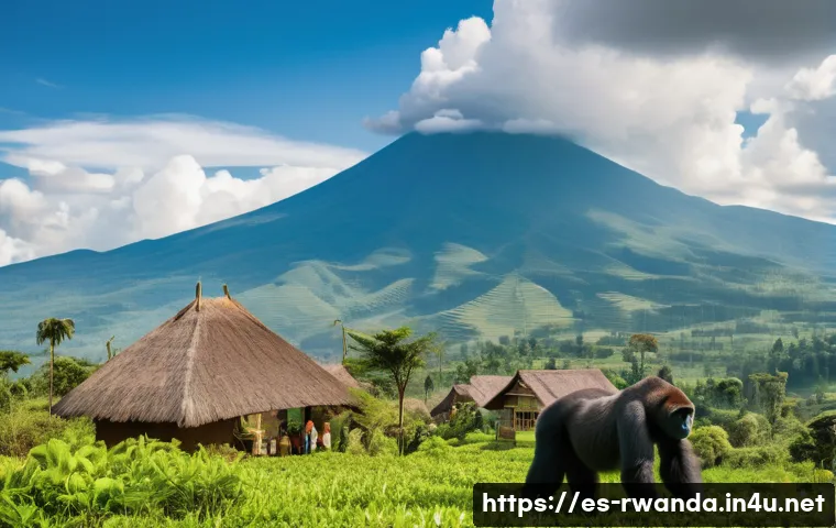 르완다와 남아프리카공화국 비교 - A vibrant scene showcasing Rwanda&rsquo;s sustainable tourism: a lush, green national park with dense refo...