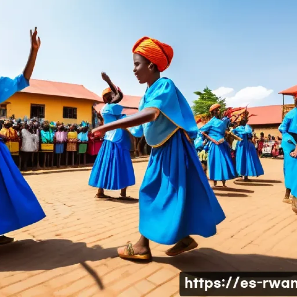 르완다 민속 음악과 춤의 교육적 가치 - A vibrant scene of Rwandan youth in traditional attire performing a collective dance in a sunlit vil...