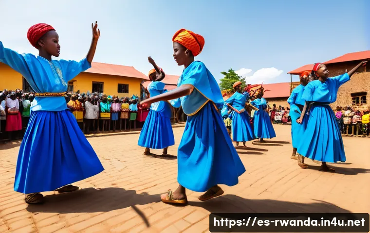 르완다 민속 음악과 춤의 교육적 가치 - A vibrant scene of Rwandan youth in traditional attire performing a collective dance in a sunlit vil...