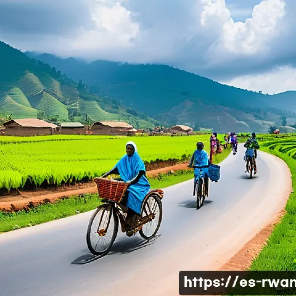 르완다 정부 프로젝트 - A vibrant rural Rwandan village scene showcasing newly constructed asphalt roads winding through gre...