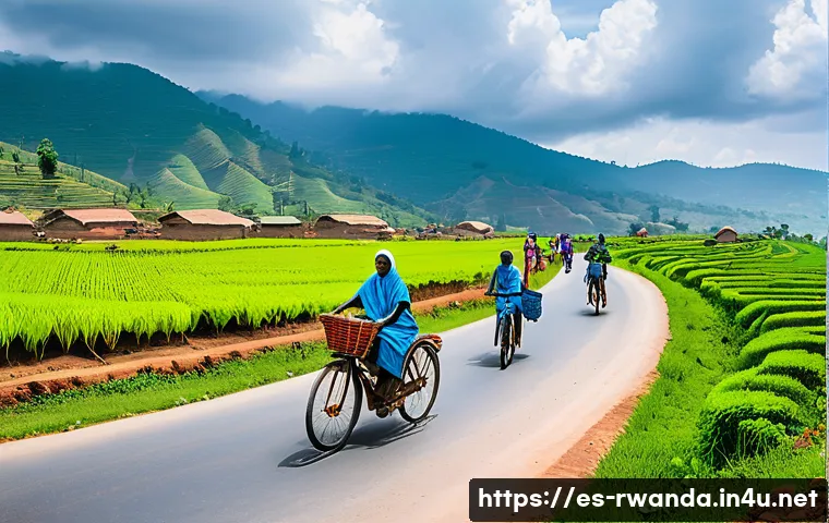 르완다 정부 프로젝트 - A vibrant rural Rwandan village scene showcasing newly constructed asphalt roads winding through gre...
