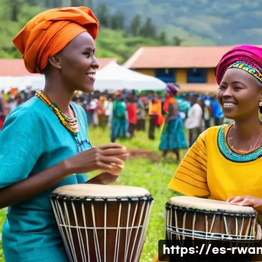 르완다 민속 음악 공연 후원 프로그램 - A vibrant traditional Rwandan music festival scene set outdoors in a lush green environment near Kig...