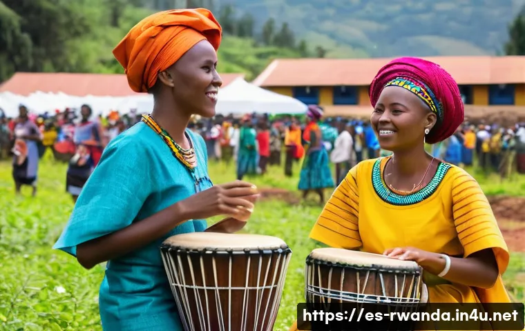 르완다 민속 음악 공연 후원 프로그램 - A vibrant traditional Rwandan music festival scene set outdoors in a lush green environment near Kig...