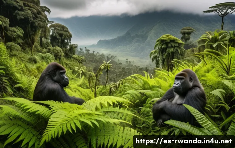 르완다의 주요 생태 보호구역 - A breathtaking scene of Rwanda&rsquo;s Volcanoes National Park showcasing lush, mist-covered montane cloud...