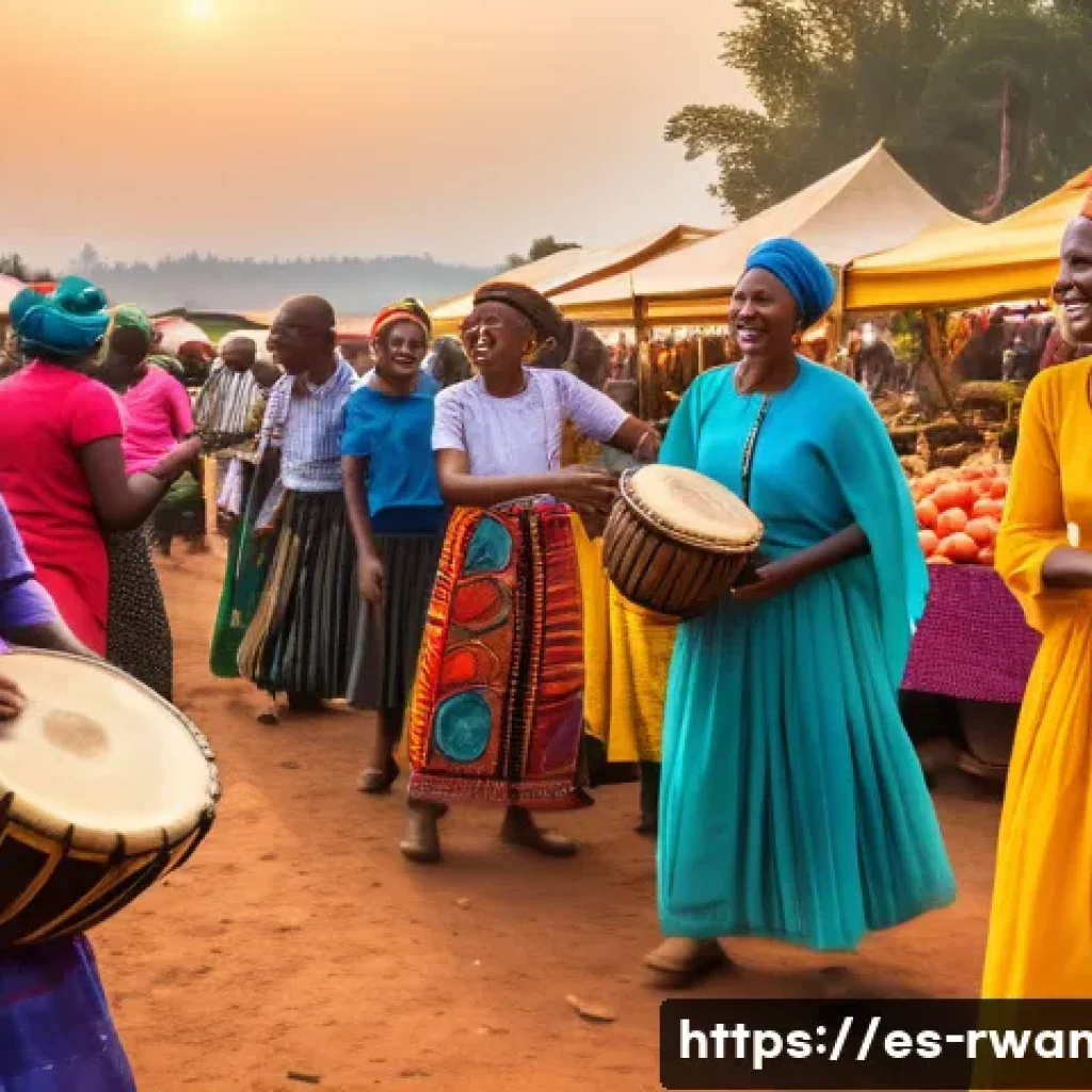 르완다의 주요 전통 음악 공연장 - A vibrant Rwandan open-air market scene at sunset, bustling with diverse local people wearing colorf...