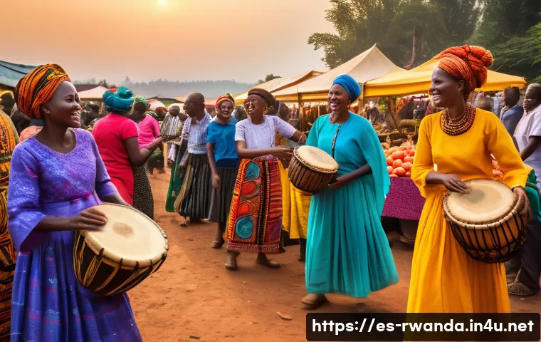 르완다의 주요 전통 음악 공연장 - A vibrant Rwandan open-air market scene at sunset, bustling with diverse local people wearing colorf...