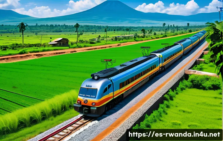 르완다의 철도 프로젝트 - A modern electric freight and passenger train traveling through the lush green landscapes of East Af...