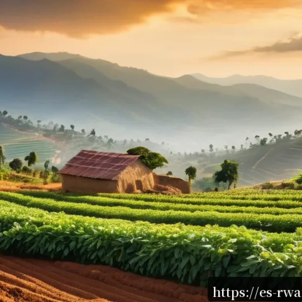 르완다의 주요 농산물 - A vibrant Rwandan rural farming scene showcasing diverse crops including coffee plants, tea bushes, ...