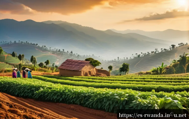 르완다의 주요 농산물 - A vibrant Rwandan rural farming scene showcasing diverse crops including coffee plants, tea bushes, ...