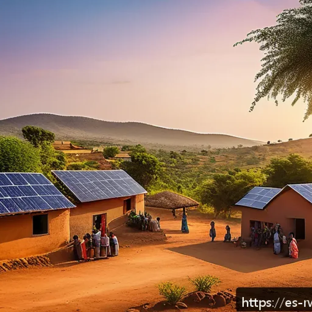 르완다에서의 에너지 혁신 - A vibrant rural African village scene at sunset, featuring several small solar mini-grid installatio...