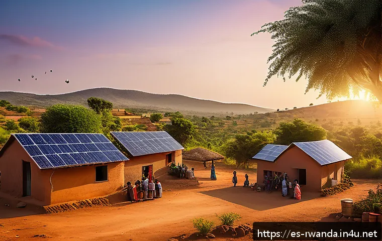 르완다에서의 에너지 혁신 - A vibrant rural African village scene at sunset, featuring several small solar mini-grid installatio...