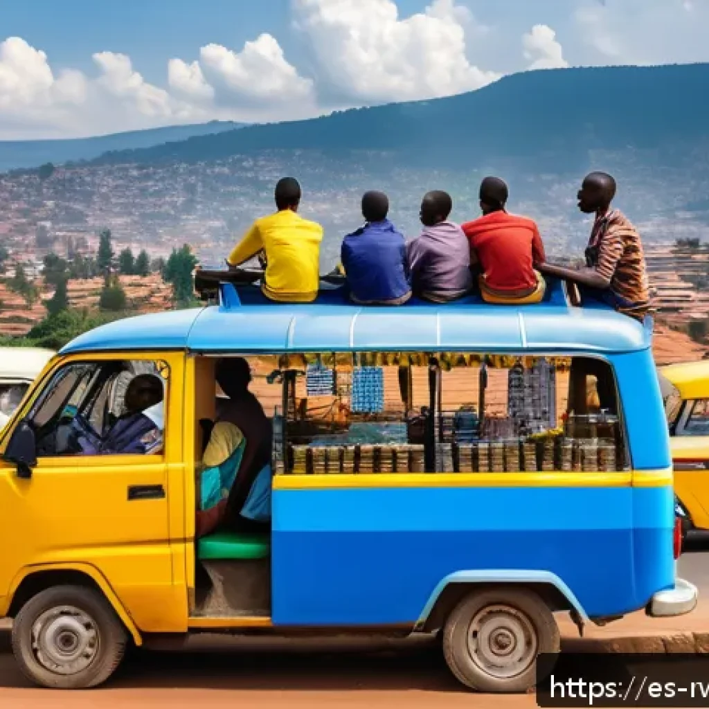 르완다의 대중 교통 노선 - A bustling Kigali street scene featuring colorful mototaxis parked along a narrow urban road, with l...