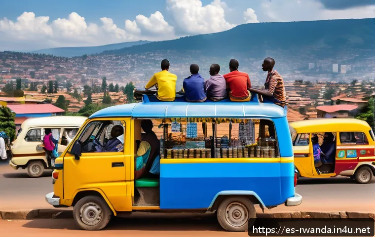 르완다의 대중 교통 노선 - A bustling Kigali street scene featuring colorful mototaxis parked along a narrow urban road, with l...