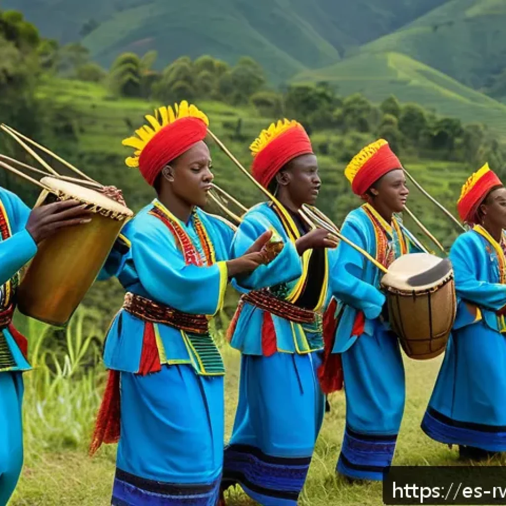 르완다 민속 음악의 지역별 차이 - A vibrant traditional Rwandan festival scene in the mountainous Byumba region, featuring musicians p...