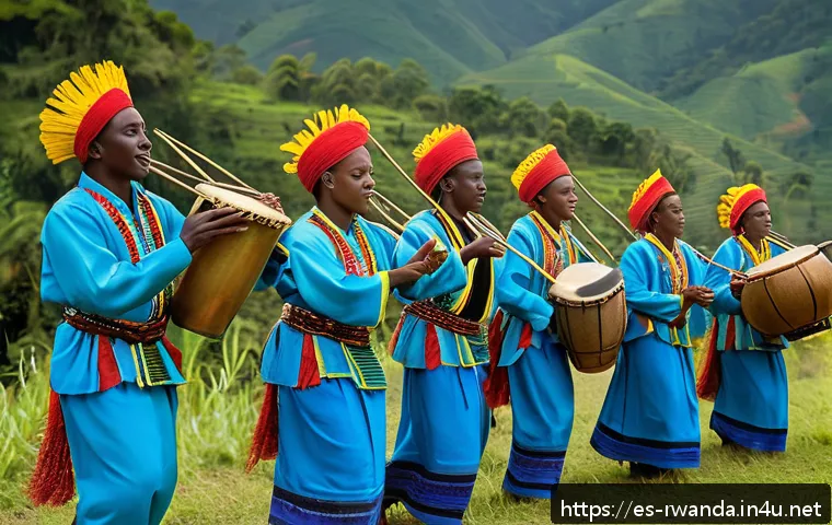 르완다 민속 음악의 지역별 차이 - A vibrant traditional Rwandan festival scene in the mountainous Byumba region, featuring musicians p...