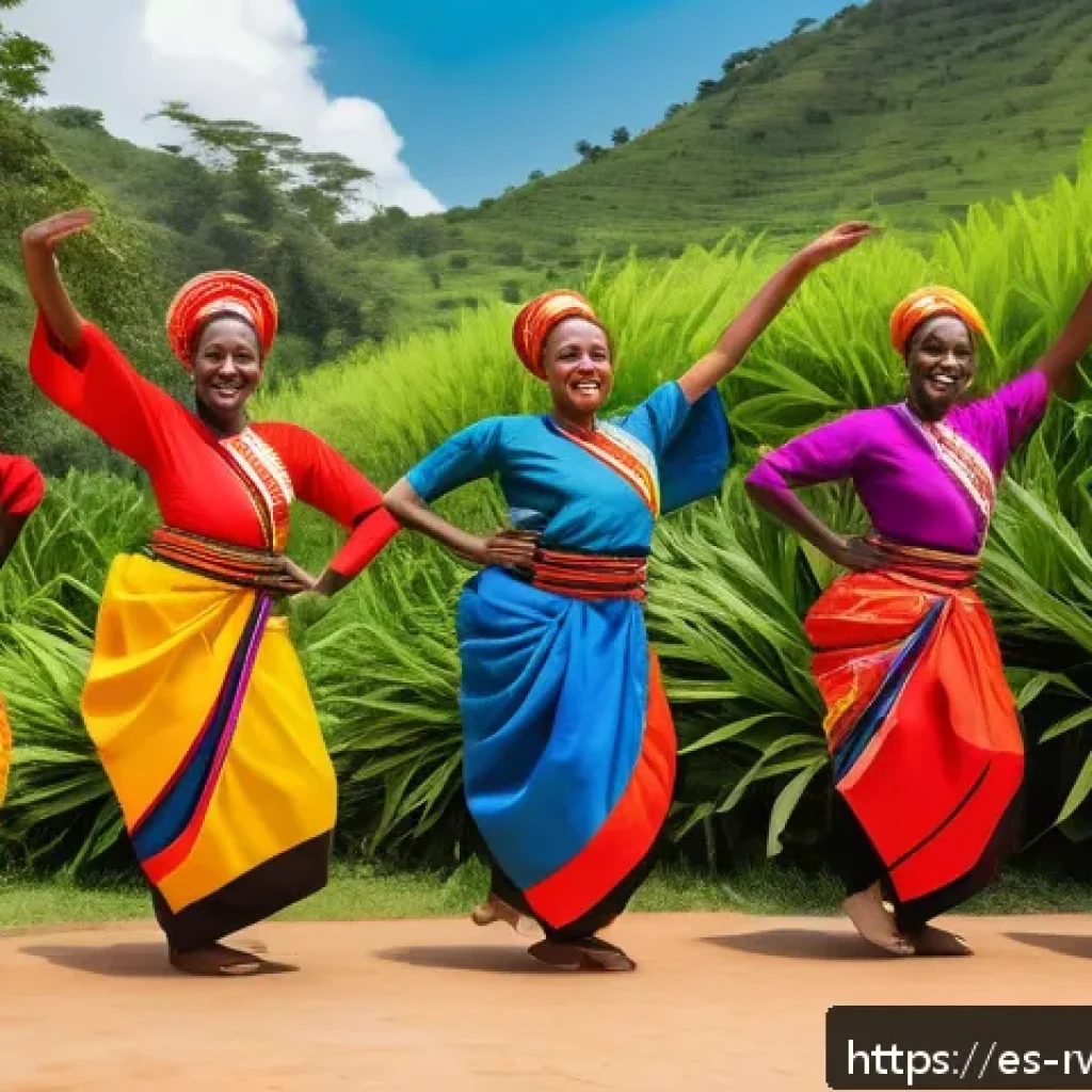 르완다 민속 춤의 건강 효과 - A vibrant group of Rwandan dancers performing traditional dance in a sunny outdoor setting, wearing ...